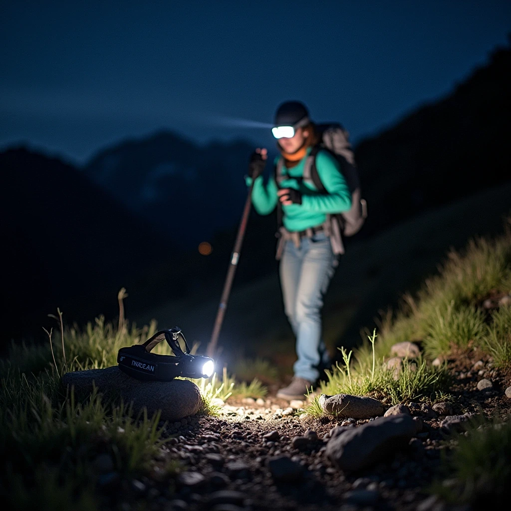 Head torch on trail at night